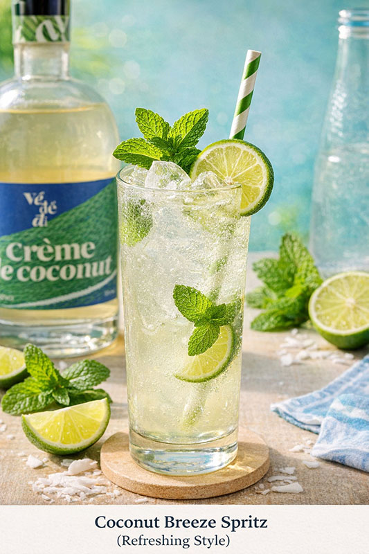 Cocktail Coconut Breeze Spritz với rượu Crème de Coconut Về để đi