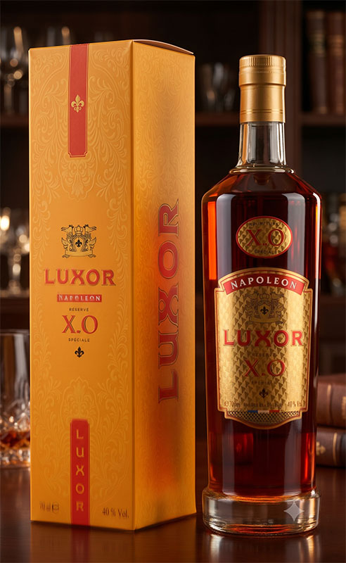 Chai rượu Brandy Luxor Napoleon X.O Spéciale 700ml cùng hộp quà carton đồng bộ mang sắc vàng cam sang trọng.