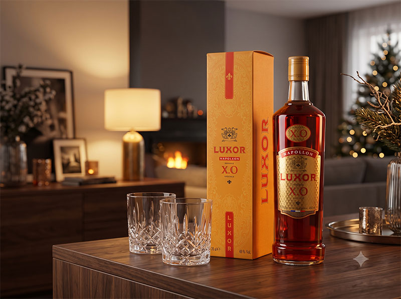 Thiết kế chai đứng và hộp quà trang trọng giúp Brandy Luxor Napoleon X.O trở thành món quà biếu trang nhã và điểm nhấn bài trí đẹp mắt
