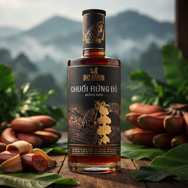 Chai rượu chuối rừng đỏ Măng Đen Duy Khánh nổi bật với sắc đỏ hổ phách tự nhiên, đậm đà hương vị đại ngàn.